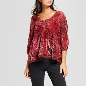 Knox Rose Y2K Baby Doll Semi Sheer Velvet Flocked Floral Top Blouse size S